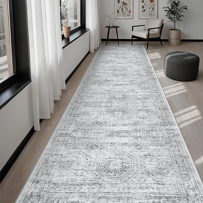 Runner Rug 3x12 Washable Non-Slip Hallway Runner Rugs for Kitchen Bathroom Laundry Room Grey Vintage Floor Carpet Runners for Hallways Entryway