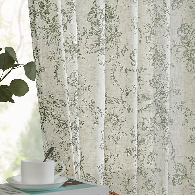 jinchan Pinch Pleated Curtains Floral Linen Blend Curtains for Living Room 84 Inches Length Green Peony Flower Printed Curtain Rod Pocket Back Tab Farmhouse Drapes with Hooks Set 2 Panels
