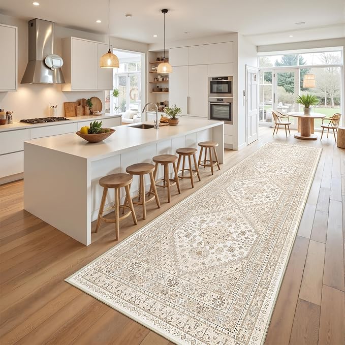 Runner Rug 2x10, Ultra-Thin Kitchen Rugs Non Slip Washable Rugs for Entryway Rug, Kitchen Runner Low Pile Vintage Soft Carpets for Living Room, Bathroom Bedroom (Cream/Beige,2'x10')
