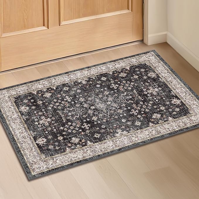 Black Washable 2x3 Entry Rug, Small Rugs for Entryway Kitchen Bathroom Door Mat Indoor Entrance, Non Slip Rubber Backing, Stain & Fade Resistant, Ashen Charcoal Floral Farmhouse Decor