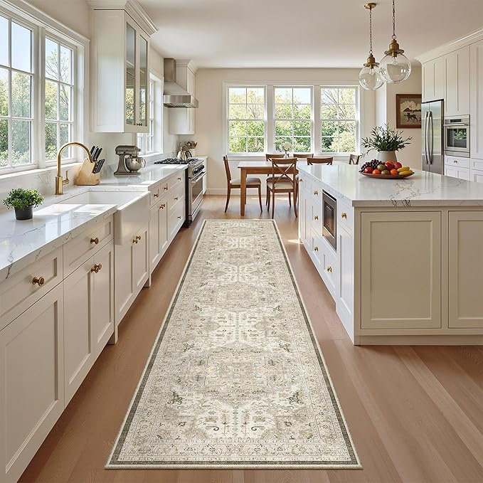 Madane Hallway Washable Runner Rug - 2x10 Kitchen Rugs Entryway Rug Runner Vintage Soft Floor Mat Non Slip Indoor Farmhouse Carpet for Bathroom Living Room Bedroom (2 X 10, Ivory/Brown)
