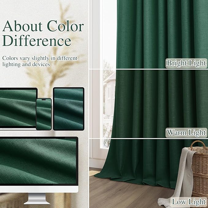 Guken Dark Green 100% Blackout Linen Curtains 84 Inch Length 2 Panels Set for Living Room Back Tab Thermal Insulated Black Out Drapes Room Darkening Farmhouse Style for Bedroom Curtains 52x84