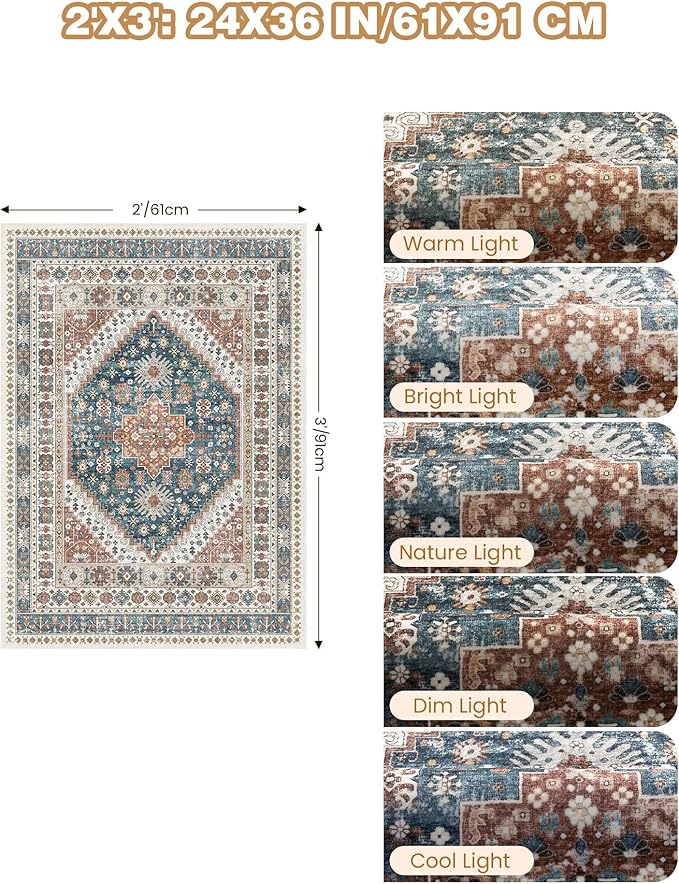 Entryway Rug - 2x3 Washable Rug Runner for Bathroom, Laundry Room, Kitchen, Soft Vintage Hallway Runner for Bedroom, Non-Slip Door Mat Indoor Entrance(Blue/Red,2'x3')