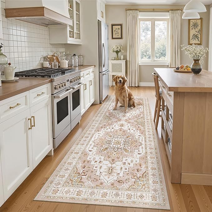 Madane Runner Rug 2'6''x8' Kitchen Runner, Hallway Runner Printed Vintage Washable Rugs Soft Non-Slip Low Pile Runners for Hallways Laundry Room Rug Distressed Rug, Pink