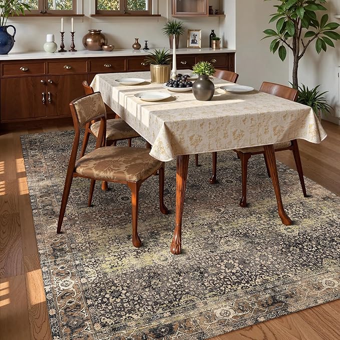 Washable Area Rug 9' x 12' Vintage Traditional Persian Mat - Foldable Distressed Non-Slip Machine Washable Carpet for Living Room Bedroom Kitchen Home Decor - Umber and Slate