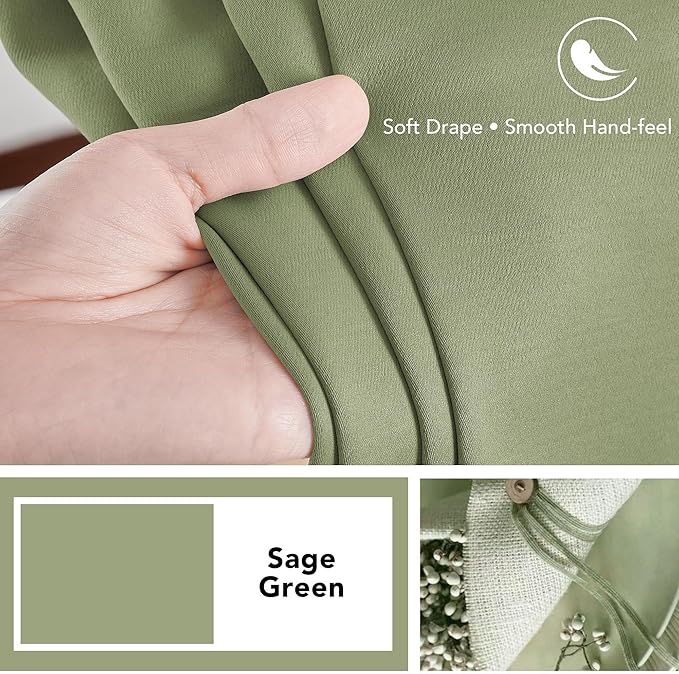 Deconovo Blackout Curtains, Thermal Insulated, W70 x L108 2 Panels, Back Tab, Machine Washable, Room-Darkening Drapes for Bedroom/Living Room Sage Green