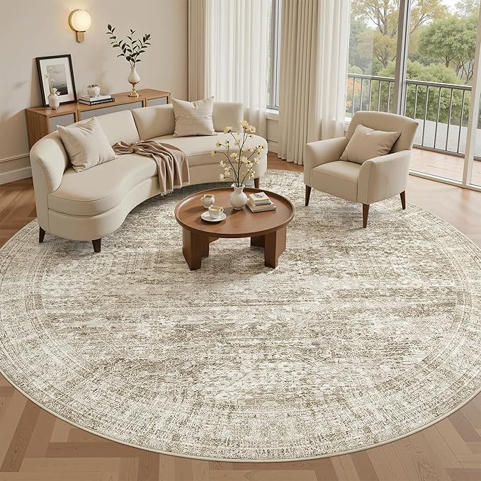 8x8 Brown Round Rug 8ft Living Room Circle Rug Vintage Round Area Rug Non Slip Indoor Carpet for Apartment