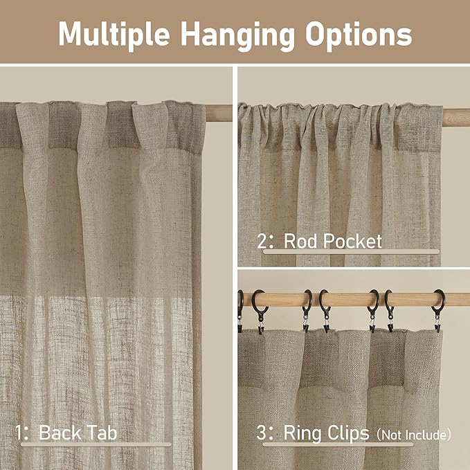 LAMIT Linen Curtains 48 Inch Length 2 Panels, Light Filtering Panels Back Tab and Rod Pocket Country Decor Drapes for Kitchen/Window/Loft Room/Bedroom, 34 x 48 Inch, Taupe