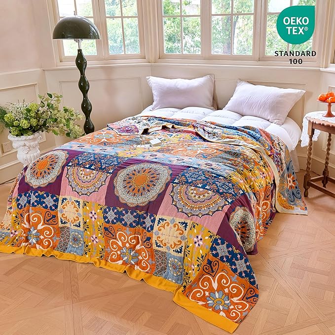 MSGKV Boho Throw Blanket for Bed 90"x108" 100% Cotton Blanket Spring Breathable Lightweight King Size Blankets Home Decor Muslin All Seasons