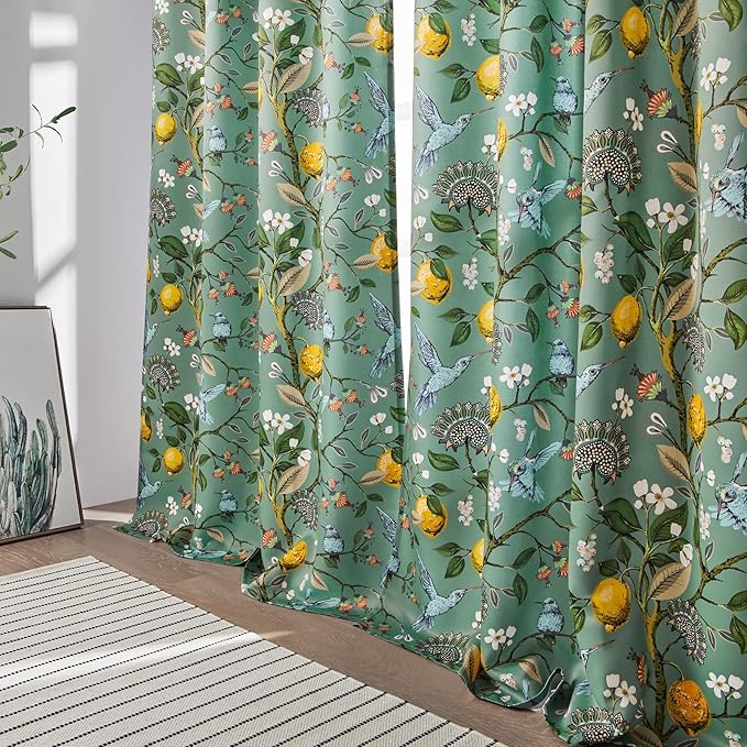 Topfinel Floral Two Pages Curtains 84 Inches Long Drapes,Vintage French Country Grommet Botanical Hummingbird Woodland Jungle Victorian Patterned Sage Green Lemon Drapes for Bedroom Dining Living Room