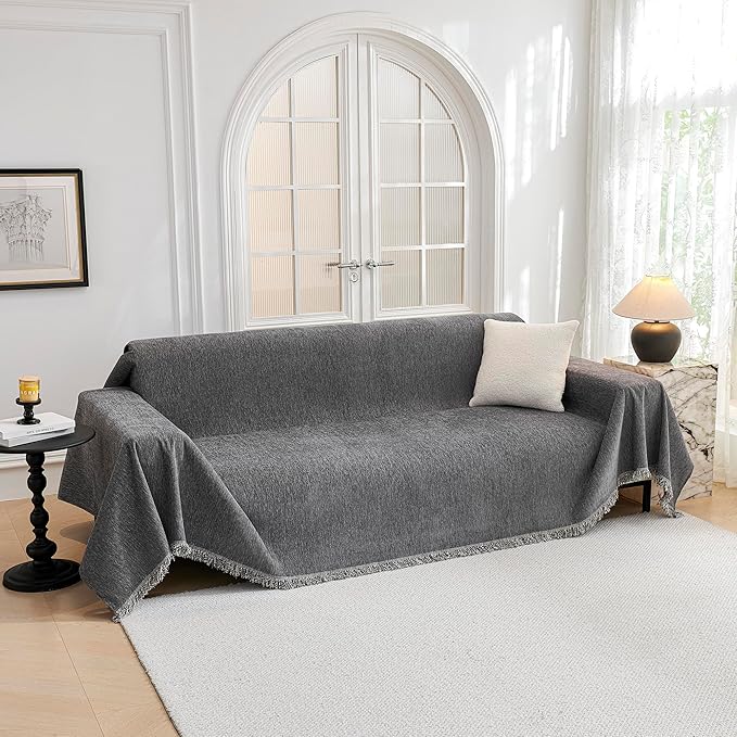 MYSKY HOME Couch Cover for Dogs Washable, Couch Covers Couch Covers for Dogs Couch Cover 2 Cushion Sofa Non Slip Dog Furniture Protector with Tassels Chenille Sofa Covers for Pets, 71"x102", Dark Grey