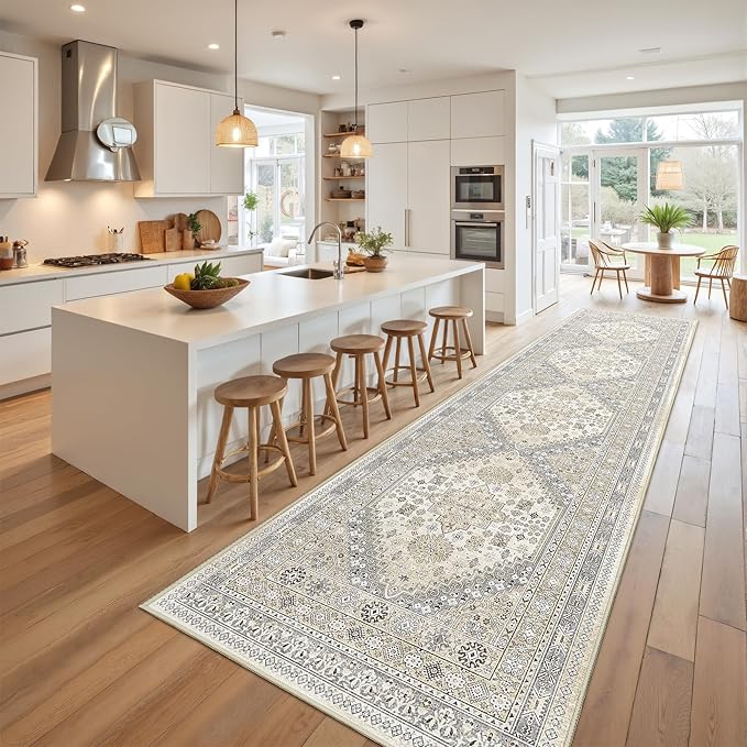 Runner Rug 2x10, Ultra-Thin Kitchen Rugs Non Slip Washable Rugs for Entryway Rug, Kitchen Runner Low Pile Vintage Soft Carpets for Living Room, Bathroom Bedroom (Beige,2'x10')