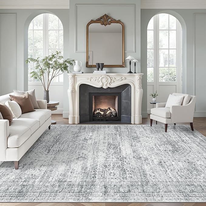 Washable Area Rug 8x12, Large Soft Rugs for Living Room Vintage Grey Carpet 8x12 Area Rugs for Bedroom Dining Room Non-Slip Stain Resistant Under Table Rug