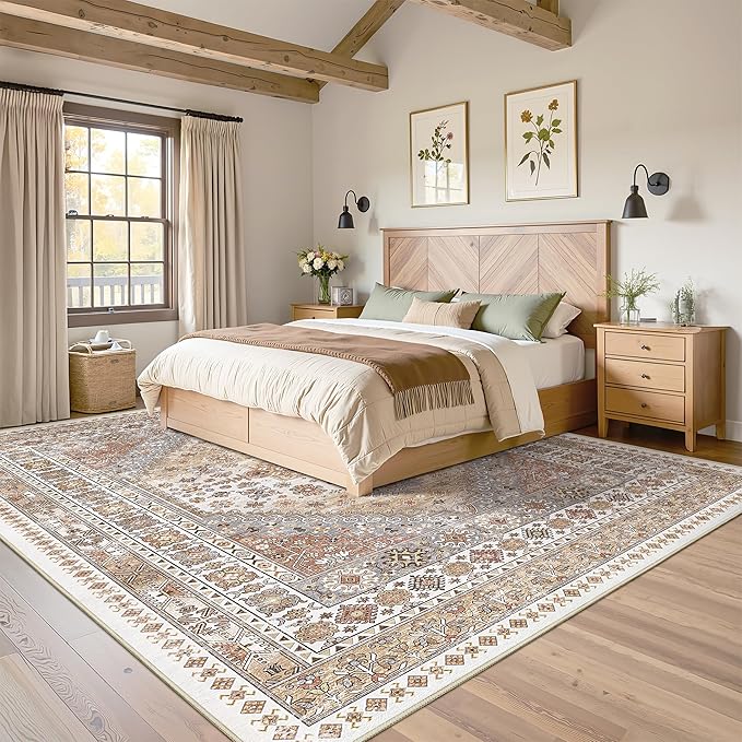 Washable Rugs 8x10 Area Rugs for Living Room, Non-Slip Backing Large Rug for Nursery Room, Vintage Floral Bedroom Rugs, Thin Indoor Home Decor Soft Farmhouse Rug (Orange,8'x10')