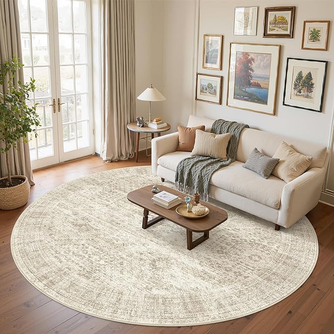 Soalmost 9x9 Beige Round Rug 9ft Living Room Circle Rug Vintage Round Area Rug Non Slip Indoor Carpet for Apartment