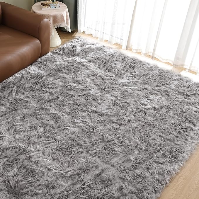 Goolela Grey Area Rug 9x12 Fluffy Fuzzy Furry Rug for Bedroom Living Room Faux Sheepskin Fur Plush Soft Rectangle