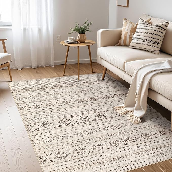 Nakagishi Area Rug Living Room Rugs: 4x6 Soft Machine Washable Boho Neutral Farmhouse Stain Resistant Moroccan Indoor Floor Carpet for Bedroom Nursery Kids Entryway Kitchen Bedside Home- Dark Brown