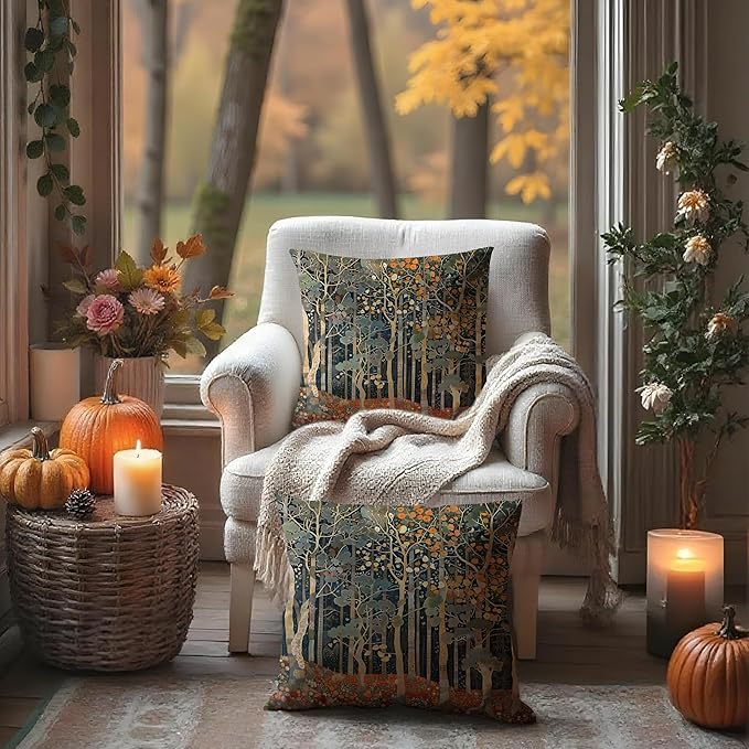 Rustic Autumn Forest Pillow Covers 18x18 Set of 2, Fall Home Room Decor, Vintage Botanical Nature William Morris Inspired Decorative Throw Pillow Covers for Home Bedroom Living Room