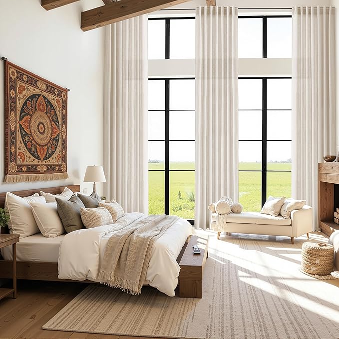 Cream Beige Linen Curtains 132 Inch Length for Living Room Light Filtering Semi Sheer Curtain Back Tab Modern Farmhouse Decor Elegant Drapes Floor to Ceiling High Window for Bedroom 52x132, 2 Panels