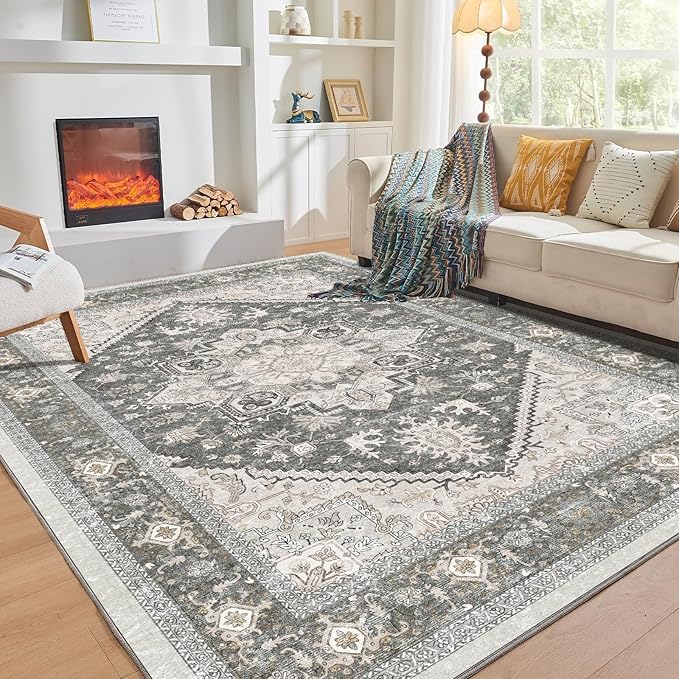 OPPODREAM Soft Area Rugs 9x12 Living Room, Washable Rugs 9x12 with Non Slip Backing, Faux Cashmere Low-Pile 9 x 12 Carpet, Greenish Grey