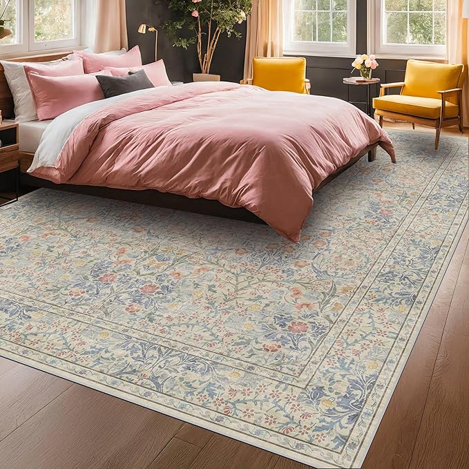 Vintage Washable Beige Blue 10x12 Rug for Living Room - Extra Large Area Rug for Dining Room Under Table, Bedroom - Botanical Floral Design with Purple Accent, Non-Slip Lightweight Soft Low Pile