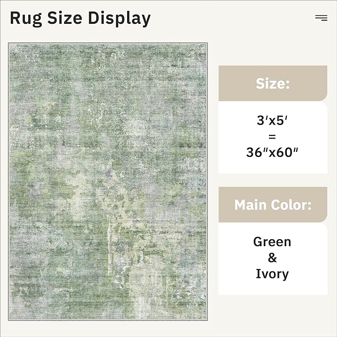 3x5 Rug, Abstract Small Area Rug for Kitchen, Entryway, Machine Washable Non-Slip Throw Rug, Vintage Carpet for Nursery Coffee Table Green Ivory