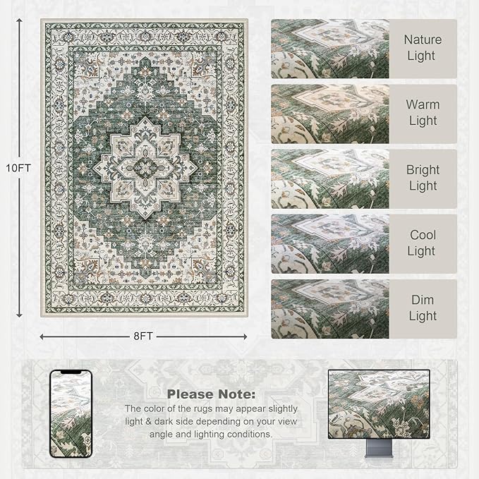 8x10 Area Rugs for Living Room: Washable Rug Soft Vintage Boho Medallion Carpet Indoor Non-Slip Stain Resistant Large Carpets for Bedroom Dining Room Farmhouse Nursery Home Office Green Ivory