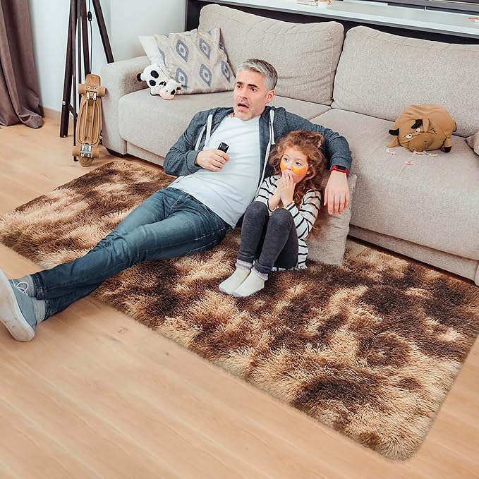 Super Soft Fluffy Living Room Area Rug 2x5 ft Tie-Dyed Brown Shaggy Furry Carpet Washable Non-Slip Floor Rugs Bedroom Bedside Nursery Rug Fuzzy Girls Boy Dorm Home Decor Aesthetic