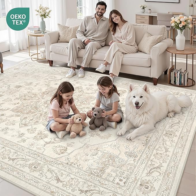 Area Rugs 9x12 Living Room: Vintage Boho Neutral Washable Rug Indoor Soft Large Area Rug Carpet for Bedroom Nursery Farmhouse Dining Room Office Floor Non-Slip Low Pile Under Table Rug Beige White