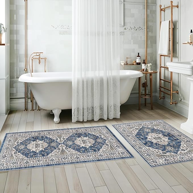 Kitchen Sink Rugs Set 0f 2: Washable Non-Slip Hardwood Floor Mat for Stove Dishwasher Fronts Soft Stain Resistant Carpet for Cooking Area & Fridge Boho Home Decor for High Traffic Area(2x3+2x4,Blue)