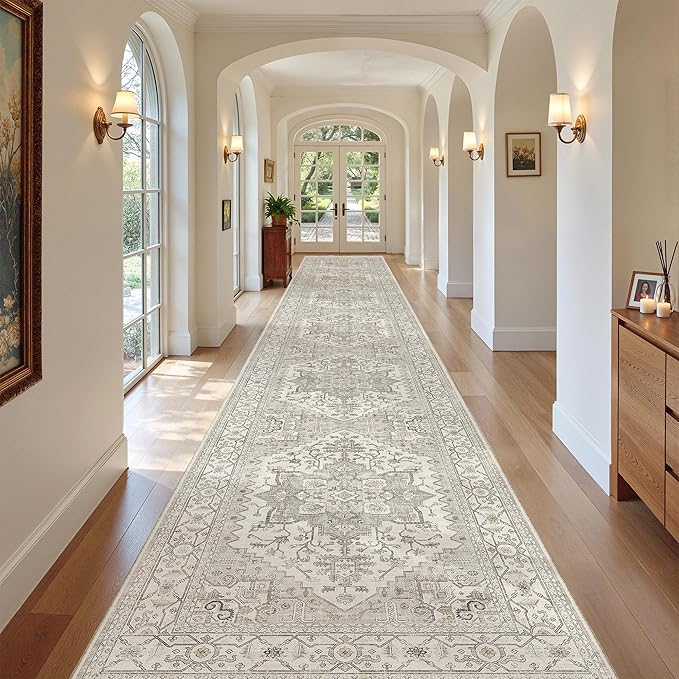 Madane 3x20 Hallway Runner Rug - Extra Long Carpet Runners for Hallways 20ft Non Slip Stain Resistant Rugs Runner for Living Room Bedroom 20 Feet Distressed Floor Carpet for Kitchen, Beige/Brown