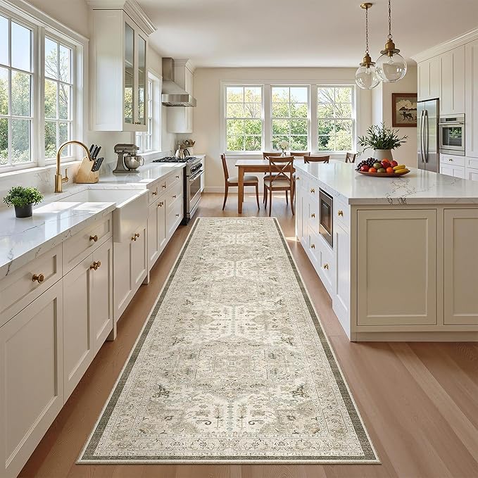 Madane Hallway Runner Rug 2'6''x12' Kitchen Runner, Non Slip Vintage Runners for Hallways Washable Kitchen Rugs Soft Low Pile 2.5x12 ft Rug Runner for Laundry Room, Entryway and Bedroom, Ivory/Brown