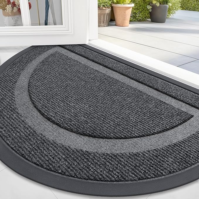 OLANLY Half Circle Door Mat Indoor Outdoor Entrance Welcome, Waterproof All-Season, All-Weather Doormat, Sturdy Natural Rubber, Low Profile, Easy Clean Patio Porch Entryway Mat, 59x23, Grey
