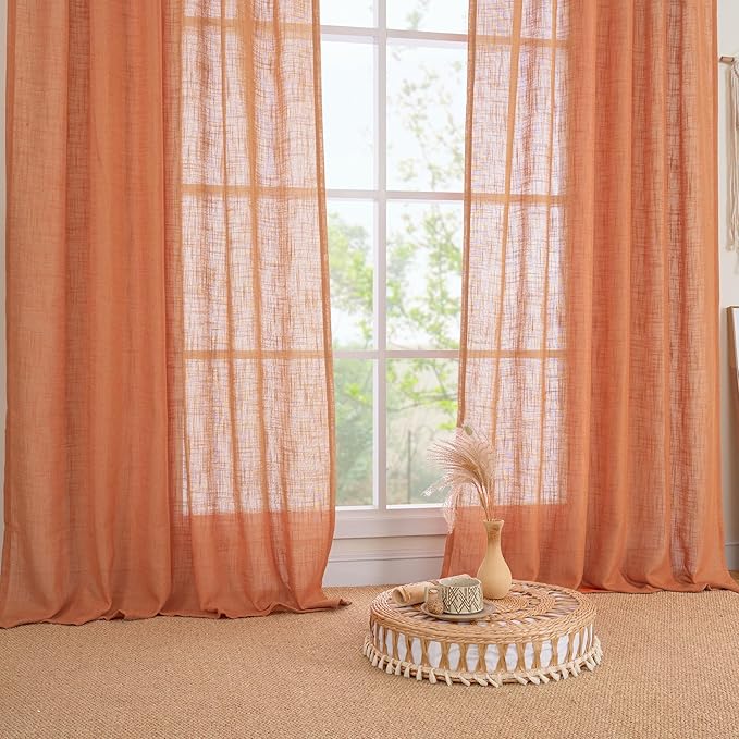 LAMIT 36 Inch Length Linen Curtains for Small Windows, Semi Sheer Light Filtering Panels Back Tab and Rod Pocket Country Decor Drapes for Basement/Kitchen, Burnt Orange, 2 Panels, 34 x 36 Inch