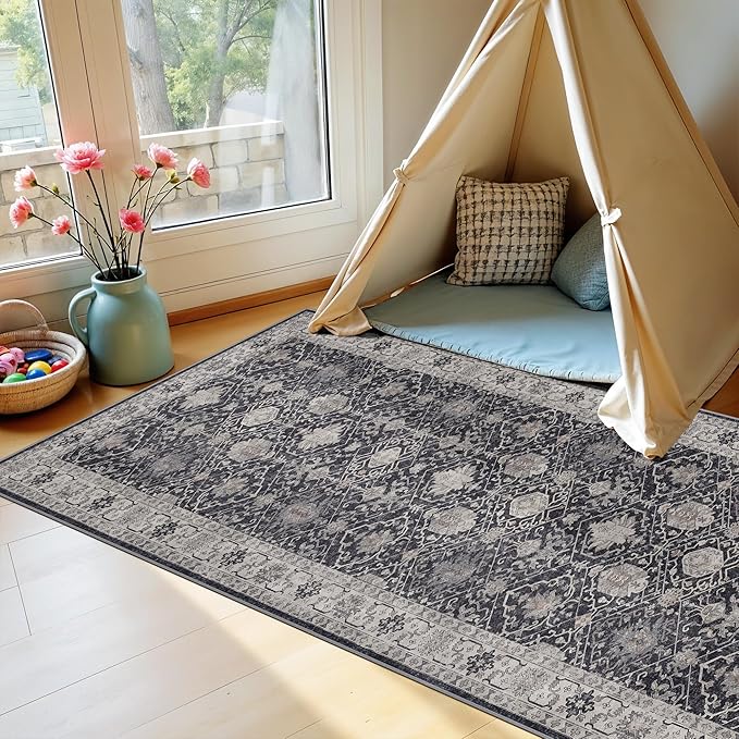 Washable 3x7 Entryway Runner Rug: Farmhouse Wide Kitchen Rug Soft Water Resistant Floor Mat for Bathroom Bedroom Nursery Non-Slip Indoor Carpet for Living Room Dining Room Hallway(3x7,Black)
