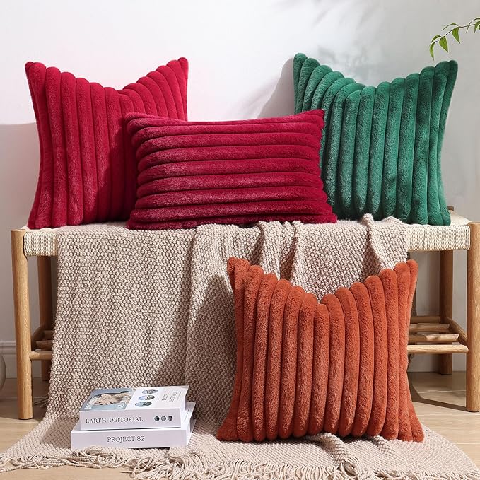 decorUhome Cozy Faux Fur Throw Pillow Covers 26x26 Set of 2 Decorative Soft Plush Striped Modern Farmhouse Boho Couch Euro Sham Pillow Cases with Velvet Back for Sofa Bed Living Room, Red