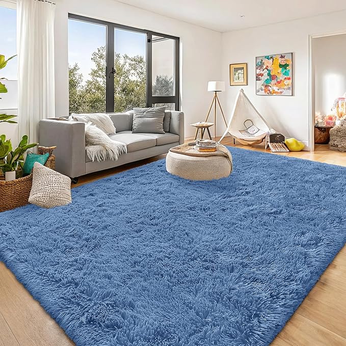 OLANLY 9x12 Machine Washable Large Area Rugs for Living Room, Bedroom, Soft Fluffy Shaggy Bedside Rug, Indoor Floor Carpet for Kids Girls and Boys, Dorms, Nursery, Home Decor, Blue