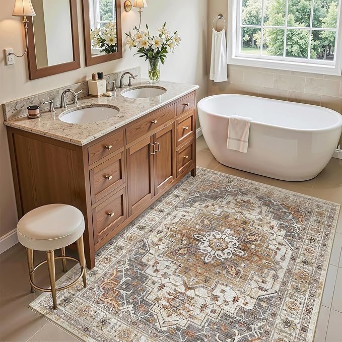 Madane Washable Entry Rug 3x4, Area Rugs for Entryway Kitchen Bathroom Door Mat Indoor Entrance, Vintage Floral Print Office Runner with Non Slip Rubber Backing, Turmeric/Grey