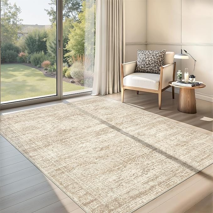 Area Rugs 4x6 for Living Room, Non-Slip Backing Small Kids Rugs for Bedroom, Vintage Abstract Rug Home Decor, Low Pile Soft Washable Rug for Kitchen, Dining Room (4'x6', Beige/Ivory)