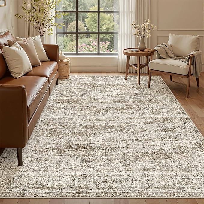 5x8 Area Rugs Brown Low Pile Indoor Washable Trendy Faded Style Rugs for Bedroom Living Room Dining Room Foldable Non-Slip Thin Print Home Office Mat