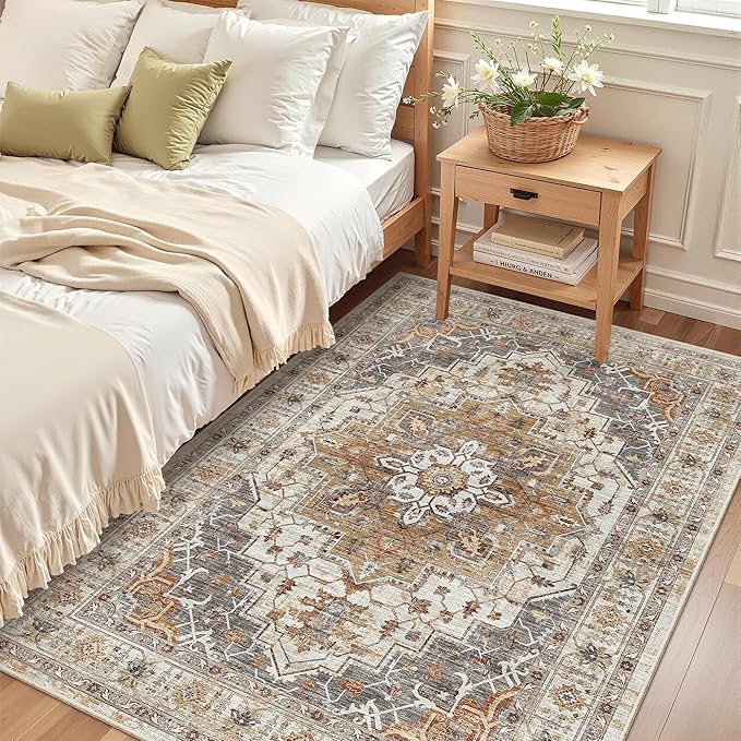 Madane Area Rug 4x6 Washable Rugs: Vintage Living Room Rug Soft Low Pile Non Slip Area Rugs Distressed Indoor Floor Carpet for Bedroom Kitchen Dining Room Home Decor, Turmeric/Grey
