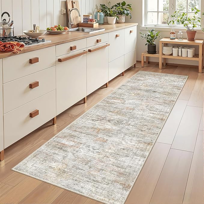Rug Runners for Hallways Non Slip - 2x8 Runner Rug for Bedroom, Washable Runner with Rubber Backing, Soft Low-Pile Carpet for Kitchen, Laundry, Bathroom (2'x8', Grey/Rust)