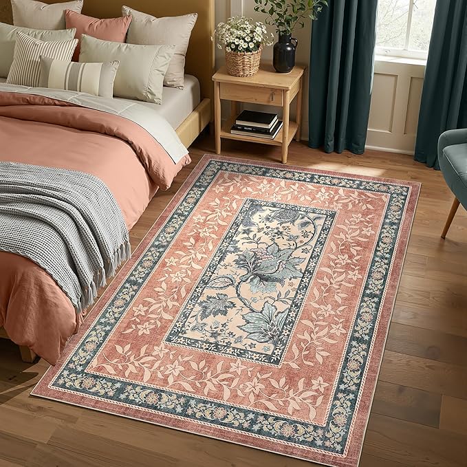 GarveeHome Terracotta Teal Area Rugs 9x12 Living Room, Botanical Grove Cottage core Washable Non-Slip Rug for Bedroom Dining Nursery Low-Pile Vintage Large Soft Carpet