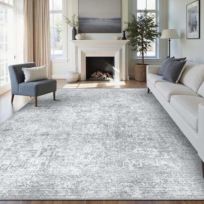 8x10 Area Rug Washable Vintage Living Room Carpet Large Indoor Non Slip Grey Bedroom Distressed Low Pile Retro Accent Throw Rug for Dining Room