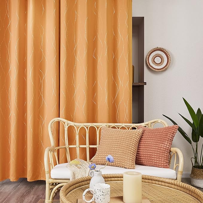 Deconovo Halloween Curtains, Blackout Drapes, Thermal Insulated Soundproof Curtain with Silver Wave Dots Print, 42 x 63 Inch, Machine Washable Panels for Bedroom Living Room Party, Set of 2, Orange