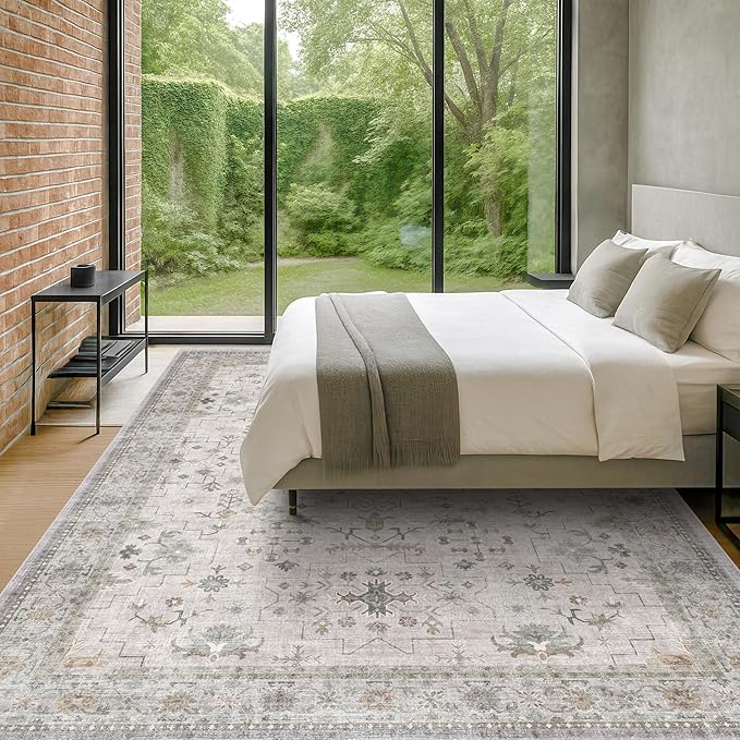 Hazo Haus Boho Light Grey Living Room Rug 10x14 - Modern Vintage Eclectic Floral Pastel Neutral Taupe, Washable Low Pile Non-Slip Extra Large Area Rugs for Dining Under Table Bedroom Lounge