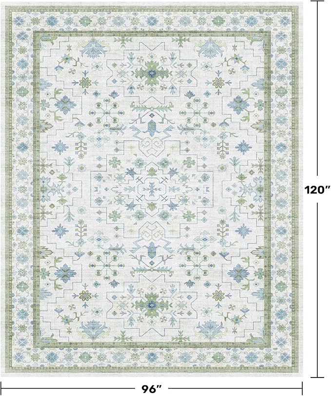Hazo Haus Blue and Green Living Room Rug 8x10 - Cream Oushak Vintage Boho Floral Farmhouse, Washable Low Pile Non-Slip Extra Large Area Rugs for Bedroom, Girls, Boys, Playroom, Lounge