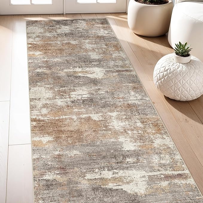 3x7 Washable Kitchen Runner Rug: Modern Abstract Runners for Hallway Soft Non Slip Rugs with Rubber Backing Low Pile Thin Floor Carpet for Entryway Bedroom Bathroom Bedside Indoor(Brown/Brick,3x7)