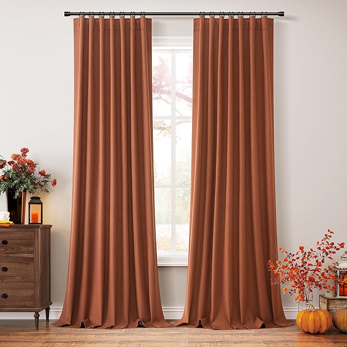 Guken Terracotta 100% Blackout Curtains 120 Inch Length 2 Panels Set Fall Curtains for Living Room Bedroom Back Tab Thermal Insulated 100% Black Out Linen Drapes，52x120