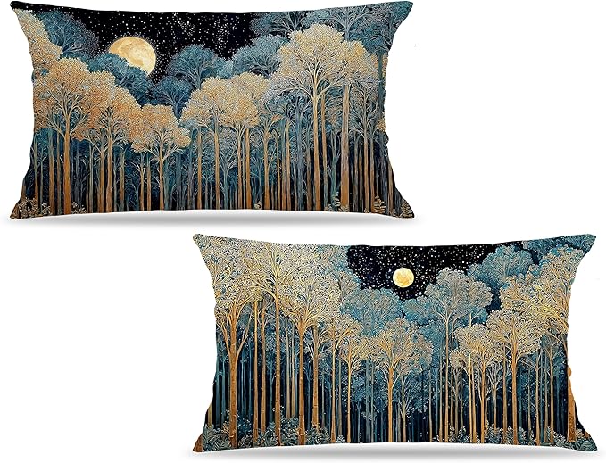 Rustic William Morris Inspired Forest Green Moon Decor Pillow Covers 12x20 Set of 2,Vintage Night Moon Botanical Nature Landscape Decorative Throw Pillow Covers for Home Bedroom Living Room